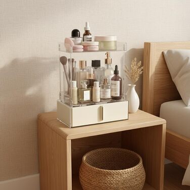 Рівневий органайзер для макіяжу Kousee з шухлядою зберігання косметики, великий органайзер для туалетного столика, місце для зберігання у ванній кімнаті з протиковзким дизайном (кремовий), 3-