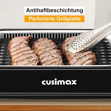 Електричний гриль CUSIMAX 1500 Вт Настільний гриль електричний з кришкою для внутрішнього та зовнішнього використання, електричний гриль з регульованою температурою, знімний піддон для крапель масла та пластина для гриля, чорний