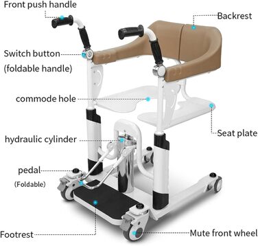Багатофункціональне крісло для пацієнта легке та регульоване по висоті крісло для перенесення з гідравлічним підйомником для людей похилого віку та інвалідів витримує до 125 кг відкривається на 180 та