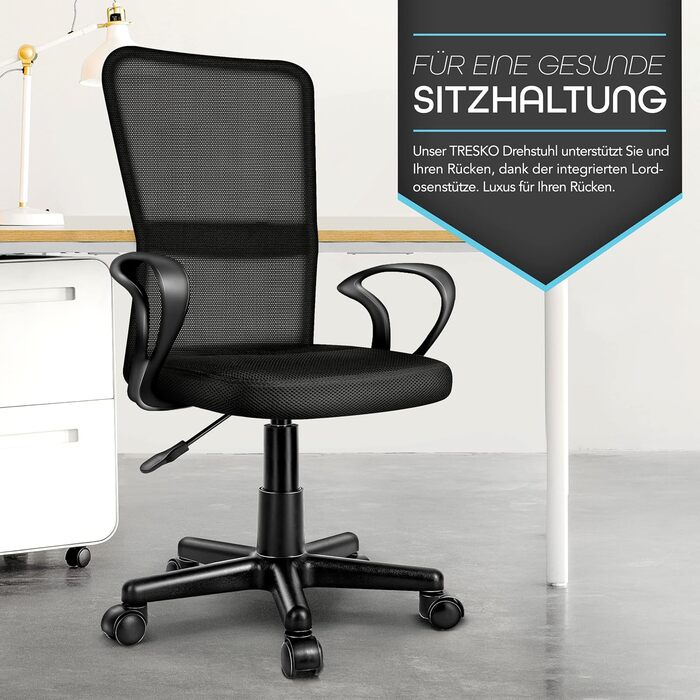 Офісний стілець TRESKO, стілець для роботи, обертовий стілець, з підлокітниками та плавнохідними пластиковими колесами, безступінчасте регулювання висоти, м&39яке сидіння, ергономічна посадка, підйомник, протестовано SGS, з підлокітниками, чорний