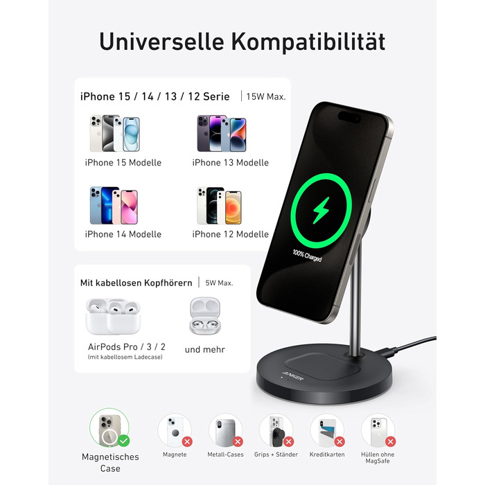 Вт, сумісний із зарядним пристроєм Magsafe, індуктивна зарядна станція 2-в-1, бездротовий зарядний пристрій Qi2 для iPhone 16/15/1