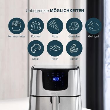 Фритюрниця Princess XXL на 5,5 літрів на 62,2 менше споживання енергії Цифрова фритюрниця Deluxe 8 програм Нержавіюча сталь Без масла Aerofryer 182060, Срібло ЗВИЧАЙНИЙ ДИЗАЙН 5,5 Л