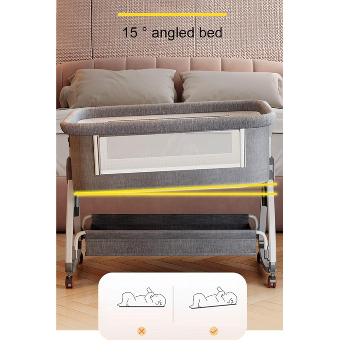 Дитяче ліжечко/дорожнє ліжечко GLOKID 3-в-1, дитячі ліжечка, з колесами, шестирівневе регулювання висоти, колиска, регулювання висоти та нахилу матраца (золотисто-сірий)