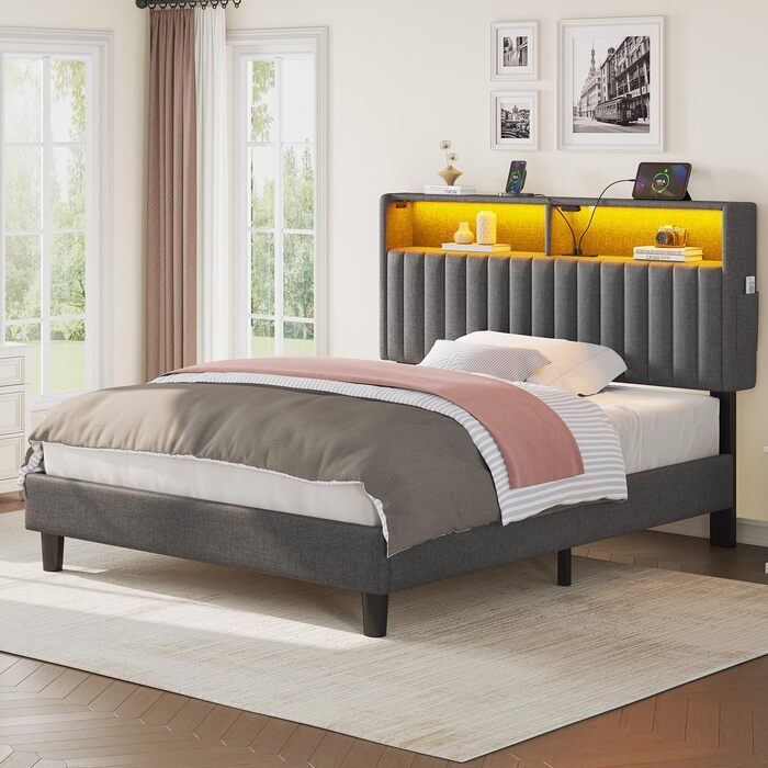 Ліжко Seventable 90x200 із зарядною станцією, металеве ліжко з м&39яким узголів&39ям та світлодіодним підсвічуванням, каркас ліжка з дворівневою полицею, ідеально підходить для дитячих кімнат, кімнат підлітків (сірий) сірий 90 x 200 см