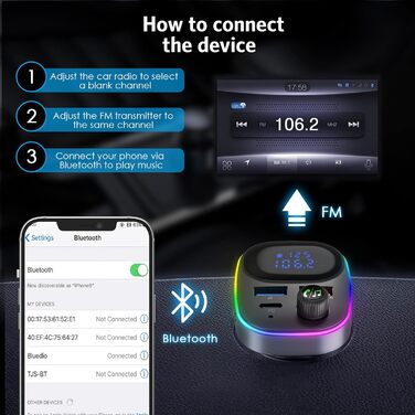 Новий FM-передавач Brifit Bluetooth, адаптер автомобільного радіо Bluetooth з портами QC3.0 і PD3.0 Tyep C, гучний зв'язок, світлодіодне підсвічування, функція гучного зв'язку, підтримка Siri та Google Assistant, 2022