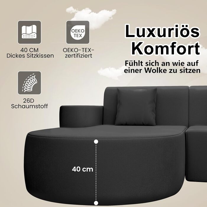 Кутовий диван AVAWING, кутовий диван з чистого пінопласту, без необхідності встановлення, L-подібний диван для вітальні, чорний з підлокітником ліворуч