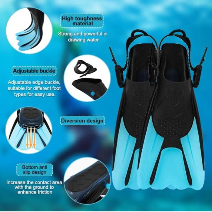 Ласти для снорклінгу, регульовані ласти для дайвінгу, короткі з сумкою для перенесення, ласти для плавання для дітей та дорослих, розмір 34-38, легкі дорожні ласти для плавання та снорклінгу, сині, S