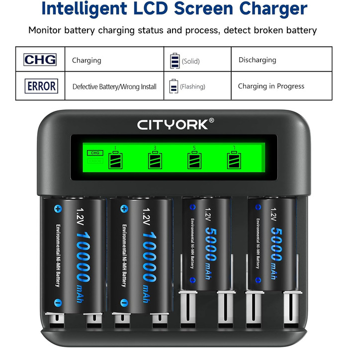 Акумуляторні батареї CITYORK D Cell 10000mAh з 8 слотами для заряджання NI-MH батарейок типу AA, AAA, CD (зарядний пристрій та 6 батарейок типу D)