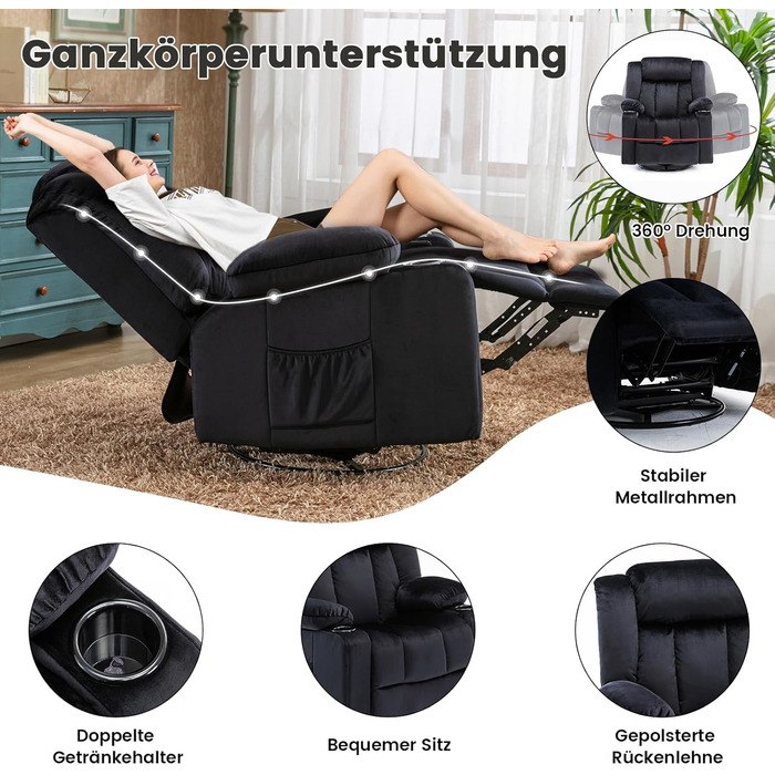 Ручне поворотне крісло-реклайнер для дорослих з регульованою спинкою та підставкою для ніг, крісло-шезлонг на 360 для вітальні, м&39яка тканина, ергономічне, чорний колір