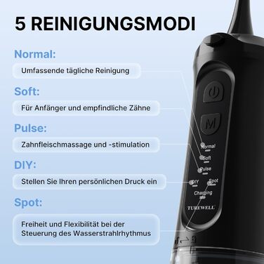 Бездротовий іригатор для порожнини рота, електричний зубний іригатор з 5 режимами, 4 насадками, резервуаром для води 310 мл та водонепроникністю IPX7. Іригатор, визнаний найкращим у тестах для очищення в подорожах, покращує здоров'я зубів. Чорний колір.