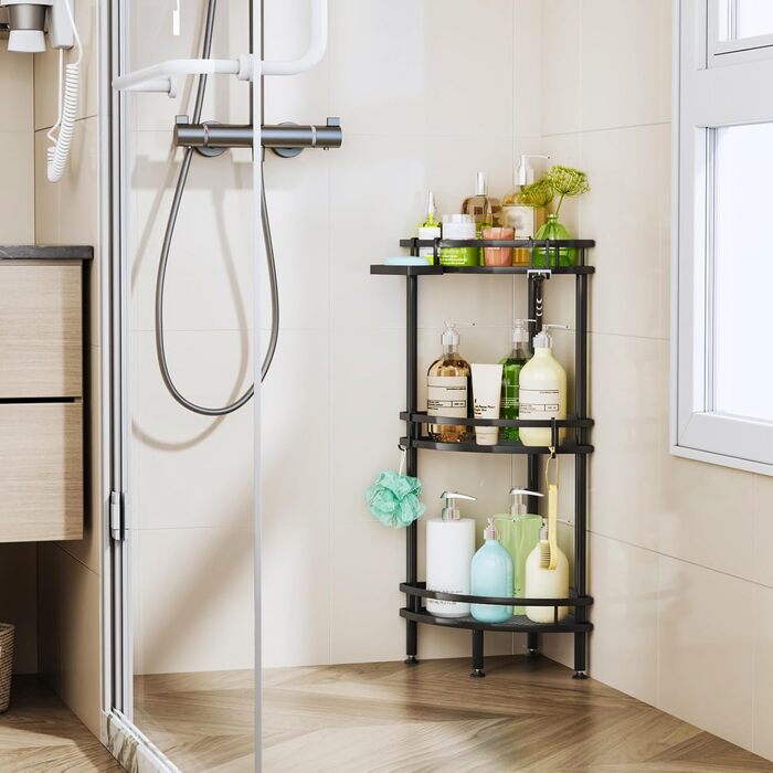 Кутова полиця для душу HapiRm без свердління - 3 предмети, стояча полиця для душу з ящиком для зберігання та 4 гачками, окремостояча полиця для ванної кімнати, кошик для шампуню та гелю для душу - чорний колір