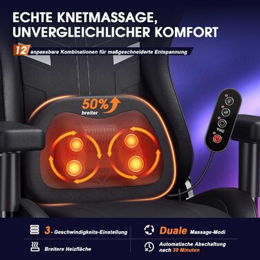 Ігрове крісло Douxlife з функцією розминання, масажу та підігріву, ергономічне офісне крісло з підставкою для ніг, регульоване на 90-175, м&39які 2D підлокітники, ігрове крісло для ПК, 181 кг, чорний колір
