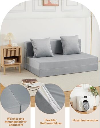 Диван-ліжко HAUSPROFI з оксамитовою оббивкою та 2 подушками, знімний чохол, який можна прати, розкладний матрац з високоеластичною PU губкою, спальна зона 140 см x 200 см (сірий)