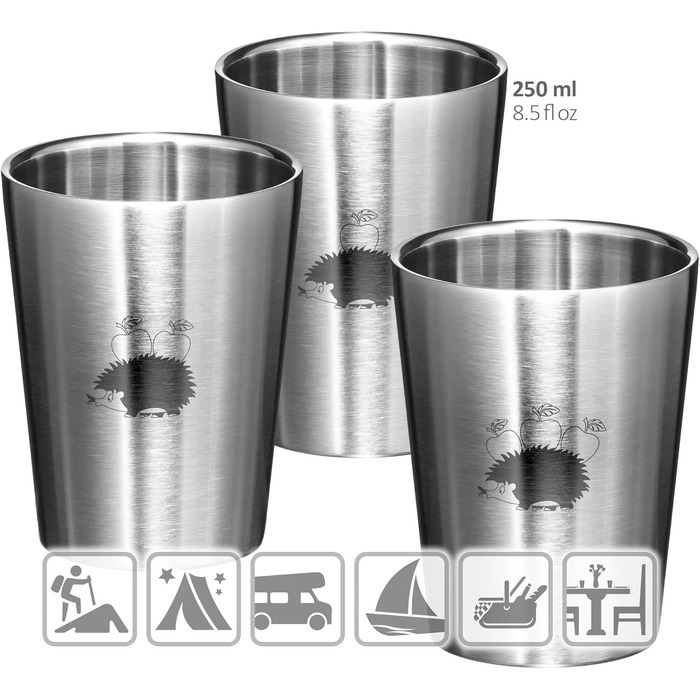 Дитячі стаканчики для пиття з нержавіючої сталі - 250 мл ізольовані стаканчики з нержавіючої сталі 304 - Стійкі до ударів стаканчики для кемпінгу - Двостінні ізольовані стаканчики - Без бісфенолу А (Hedgehog - 3 шт.), 3 шт.
