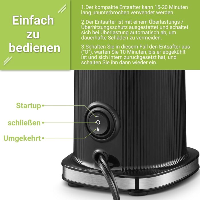 Соковижималка AOBOSI-Mini повільна соковижималка з функцією реверсивного жування, соковижималка електрична зі щіткою і багатофункціональна соковижималка для фруктів на 2 чашки, електрична соковижималка для фруктів. (45 ММ, чорний) 45 ММ Чорний