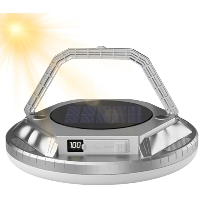 Ліхтар для кемпінгу, 1600 люмен, сонячний комплект для виживання, водонепроникний ліхтар для намету, для походів, подорожей з рюкзаком, активного відпочинку, саду, двору, патіо, балкону, сріблястий