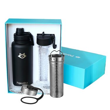 Пляшка для води з нержавіючої сталі 1 л аксесуари для чаю - термос, ситечко для чаю, заварювач для фруктів, спортивна кришка, насадка-трубочка (подарунковий набір чорного кольору)