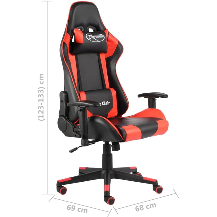 Ергономічне поворотне ігрове крісло, червоне ПВХ з 2 додатковими подушками, регульоване по висоті офісне крісло з високою спинкою та колесами для домашнього офісу та кіберспорту, 68 x 69 x 123-133 см, червоне