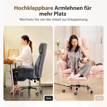 Ергономічне офісне крісло, крісло керівника, ігрове крісло з підставкою для ніг та регульованою на 135 спинкою, обертове крісло зі складними підлокітниками, крісло з високою спинкою з флісової тканини рожевий