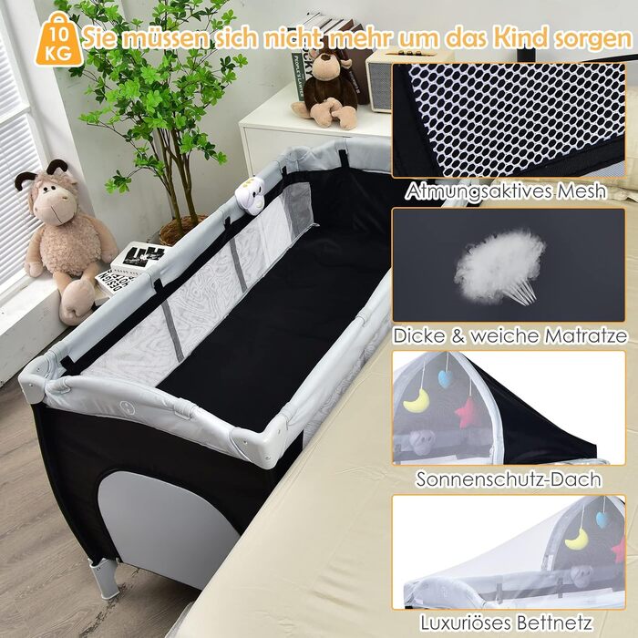 Складане дорожнє ліжечко COSTWAY 4-в-1, дитяча колиска, пеленальний столик та манеж з функцією гойдання, включаючи музичний мобіль, ігрову арку, пеленальний килимок, матрац, органайзер для підгузків та сумку для перенесення (чорний)