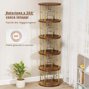 Обертова дерев&39яна книжкова полиця Flycity на 360, окремостояча полиця з 5 регульованими полицями, 4545160 см, вінтажний коричневий колір, ідеально підходить для книг та декору, вінтажний коричневий колір, 5 полиць