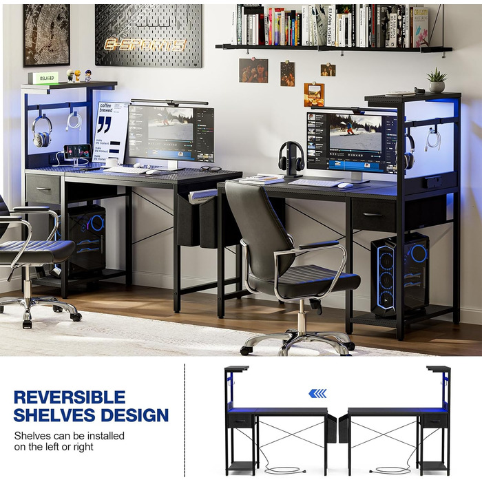 Ігровий стіл Grandder, 120x50 см, ігровий стіл з розеткою та світлодіодним освітленням, комп&39ютерний стіл з двосторонніми полицями та шухлядою, ПК-стіл для домашнього офісу з відділенням для зберігання, чорний колір під карбон 120 x 50 см, чорний