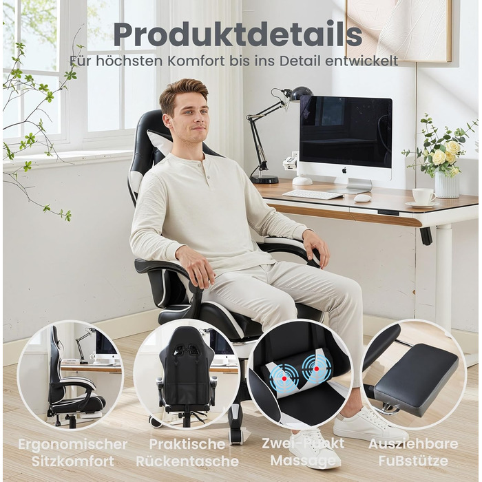 Ергономічне ігрове крісло з поворотом на 360 у гоночному дизайні, шкіряне офісне крісло з високою спинкою та регульованою висотою, з підставкою для ніг, підголівником та поперековою опорою для офісу та ігор (білий чорний)