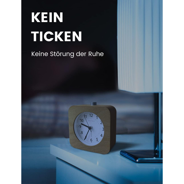 ВищеГодинник будильник аналоговий без цокання, будильник дерев'яний з дрімотою, тумбочка настільний годинник з нічником, ретро-будильник аналоговий на батарейках (потрібна батарея 1*AA - натуральне дерево світло-коричневого кольору (квадрат, світло-коричн