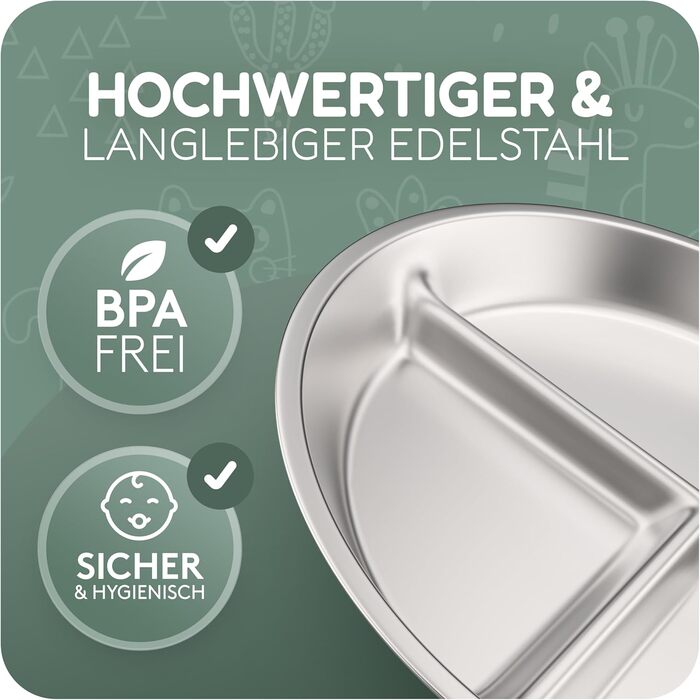 Дитячий набір посуду з нержавіючої сталі mamou, 6 предметів Тарілка та миска з кришкою, столові прибори та нагрудник Без бісфенолу А, гігієнічний та несмачний Екологічний та довговічний Дитячий та малюковий колір