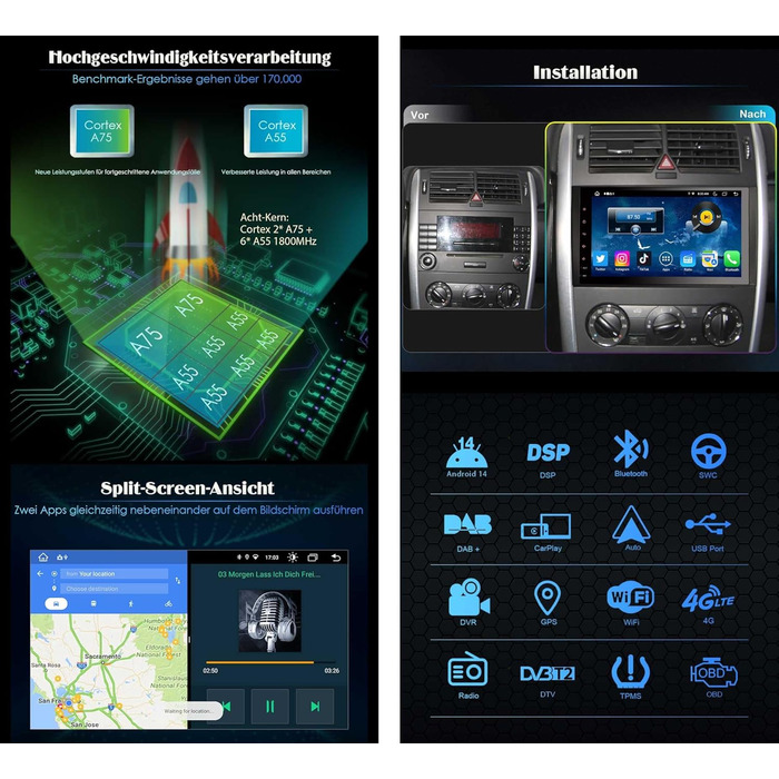 Автомобільний радіоприймач Erisin 9-дюймовий 8-ядерний 4 ГБ 64 ГБ Android 14 з Bluetooth та GPS-навігацією для Mercedes A-класу W169 B-класу W245 Sprinter Viano W639 Vito VW Crafter CarPlay Android Auto DSP DAB WiFi RDS FM SWC