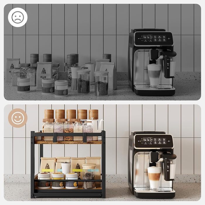 Підставка для спецій HOOBRO, 2-рівнева кухонна полиця, підставка для спецій з висувними лотками та гачками, кухонний органайзер, для кухні, вітальні, спальні, рустикальний коричневий та чорний EBF08TL01