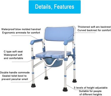 Туалетне крісло, Крісло для душу, Водонепроникне, М'яке м'яке сидіння, Туалетний стілець, Регулюється по висоті зі спинкою, Підлокітник, Знімне сидіння і відро, Туалети