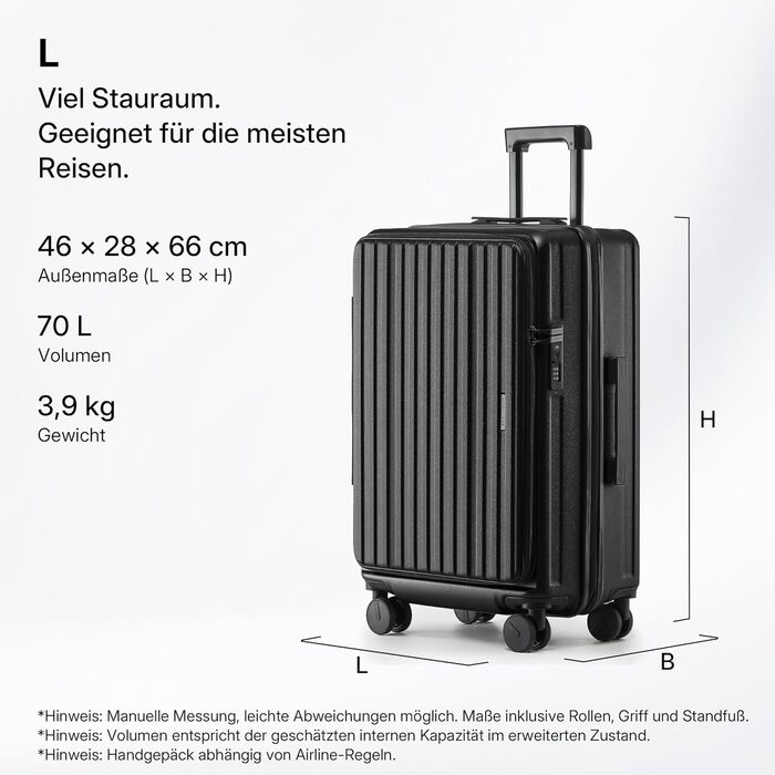 Валіза розширювана, жорсткий корпус, верхнє відкриття, компресійні ремені та додатковий простір Міцна, стійка до подряпин, легка (Чорна, L-65см) L-65см Чорна