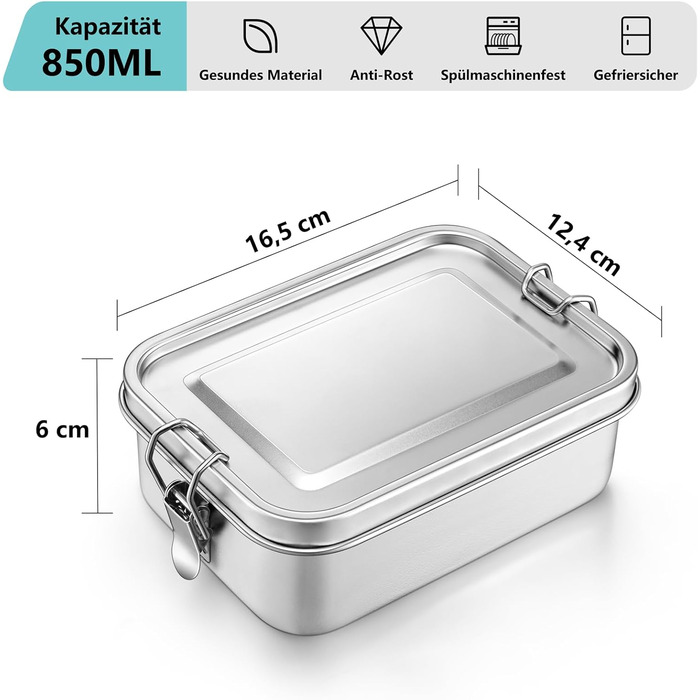 Ланчбокс Onader з роздільниками, нержавіюча сталь, бенто-бокс для дітей та дорослих, контейнер для перекусу знімною перегородкою для пікніка, школи та подорожей, герметичний та придатний для миття в посудомийній машині - 850 мл