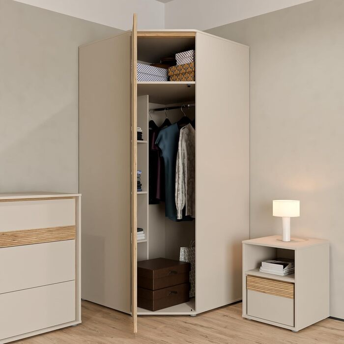 Кутова шафа Forte WEXLIN 90 95, сучасна шафа з дверцятами, дитяча та підліткова кімната, декор під дуб кашемірбежевиймаувелла, 92,2 см завширшки x 193,7 см заввишки x 92,2 см завглибшки