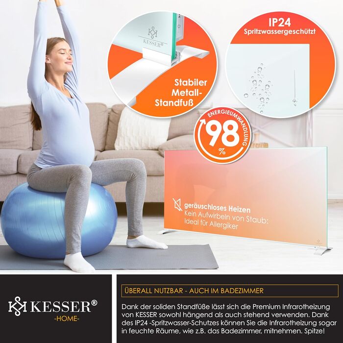 Інфрачервоний обігрівач KESSER 600 Вт, скляний конвектор, енергозберігаючий, 2-в-1, окремостоячий та настінний електричний обігрівач з датчиком відкритого вікна дистанційним керуванням та керуванням через додаток, термостат, нагрівальна панель 600 Вт, біл
