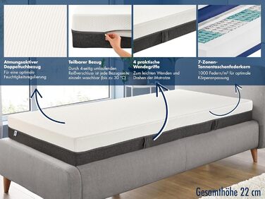 Ортопедичний матрац Irisette Selin з 7 зонами та 1000 пружинами типу кишенькової пружини, рівень жорсткості 3 (середньо-жорсткий), 90 x 200 см, сертифікований Oeko-Tex, розроблений у Німеччині. Рівень жорсткості 3 - середньо-жорсткий, 90 x 200