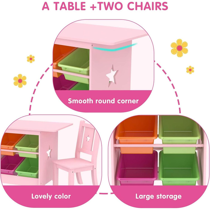 Дитячий стіл та стільці - Дитячі столи з масиву дерева рожевого кольору - Стіл з 4 коробками для зберігання, Дитячий стіл у формі зірки з 2 стільцями - Екологічно чистий