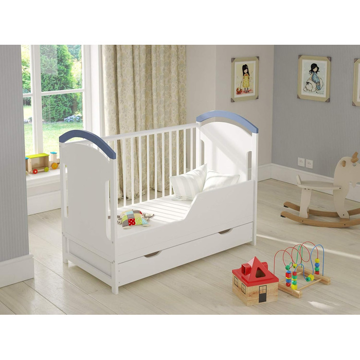 Дитяче ліжечко/спальне місце Love For Sleep 120x60 см з захисним бар&39єром, що трансформується, синього кольору, AMIE Дитяче ліжко, дерев&39яне - Дитяче ліжко, Ліжечко-трансформер, синього кольору