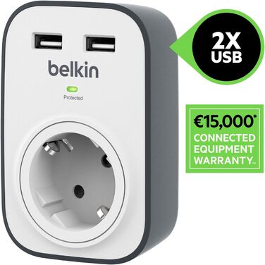 Розетка та захист від перенапруги, одностороння/1 вилка з захистом від перенапруги, захищена вилка з USB-роз'ємами x 2 (2,4 А), бі