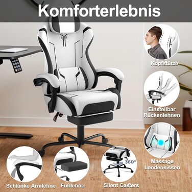 Геймерське крісло з вібраційним масажем та підставкою для ніг, ергономічне кіберспортивне крісло з підголівником та підлокітниками, офісне крісло, регульована висота до 135 кг, біле бавовняне льонне крісло