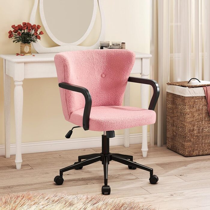 Крісло для офісу з регульованою висотою, ергономічне офісне крісло з високою спинкою та підлокітниками, обертове крісло з крилами спинки, крісло для туалетного столика, крісло для туалетного столика з колесами, рожева тканина шерпа