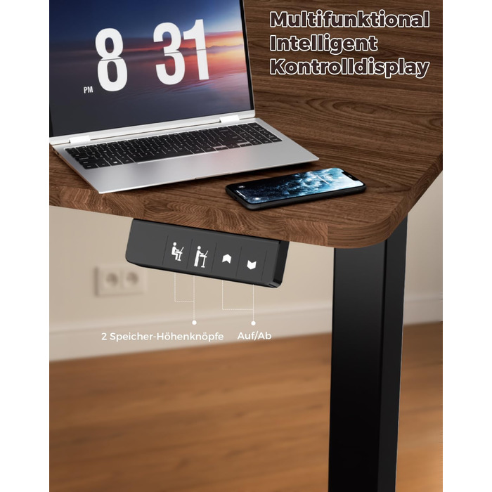 Стіл з регульованою висотою, 120 x 60 см, пам&39ять налаштувань висоти з 2 режимами, легке складання, для домашнього офісу, навчання та ігор, вінтажно-коричневий