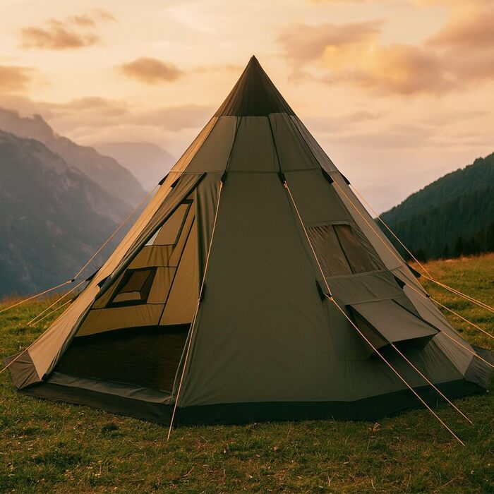 Намет CampFeuer Tipi Tent Spirit для 4 осіб Індіанський намет для кемпінгу, походів, водяний стовп 3000 мм Намет-гребень, намет-піраміда, круглий намет Груповий намет, кемпінговий намет, сімейний намет, коричневий/світло-коричневий