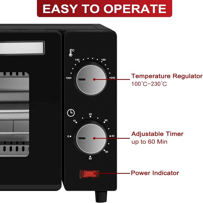 Міні-піч WANNYTON, духовка 10 л, 650 Вт, 100-230 C Таймер 0-60 хв. включно Деко для випікання Ручка для зняття решітки гриля, подвійні скляні дверцята, духовка для піци Торт Хліб, 36,5x22,28,5 см 10 л Чорний