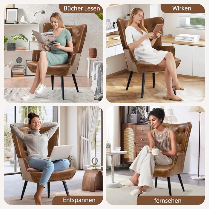 Крісло з відкидною спинкою, крісло для вітальні, реклайнер у скандинавському стилі, штучна шкіра з високою спинкою, крісло для відпочинку, м&39яке крісло для вітальні, спальні, кабінету, гостьової кімнати, коричневе