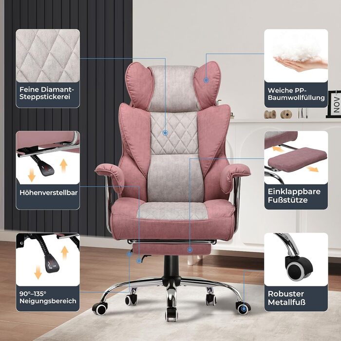 Ігрове крісло GTPLAYER, офісне крісло з пружинною опорою для попереку, ергономічне та зручне широке офісне комп&39ютерне крісло з м&39якими підлокітниками та підставкою для ніг, що виходять назовні, рожева тканина