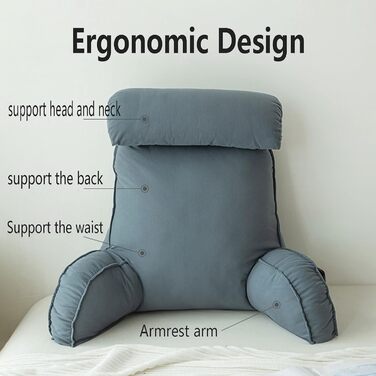 Подушка для читання з підлокітниками, подушка для спинки дивана, подушка для книги для ліжка, зі знімним валиком для шиї, подушка для підтримки сидіння для відпочинку, гри, читання, перегляду телевізора, синьо-сірий колір