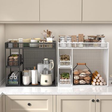 Розсувний органайзер для кошиків, мобільні полиці для зберігання, полиці для комори з поворотними на 360 градусів колесами, що блокуються, ідеально підходить для зберігання тарілок, мисок та посуду (білий)