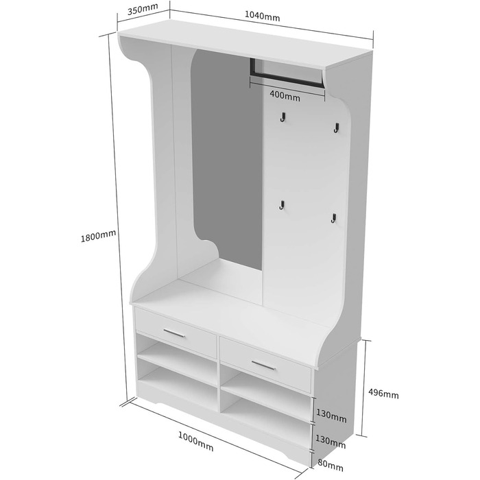 Вішалка для одягу з лавкою для взуття та дзеркалом, сучасна вішалка для одягу з гачками та підставкою для одягу, шафа для передпокою з функцією взуттєвої шафи та 2 шухлядами для вітальні (104x35x180 см)